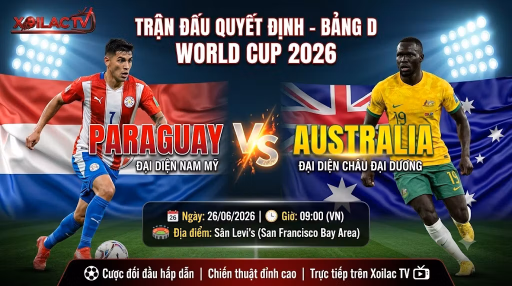 Ảnh bìa nhận định trận đấu Paraguay vs Australia tại bảng D World Cup 2026 lúc 09h00 ngày 26/06 trực tiếp trên nền tảng Xoilac TV.